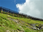 Der Weg führt durch die Lawinenverbauungen oberhalb der Alp Mora